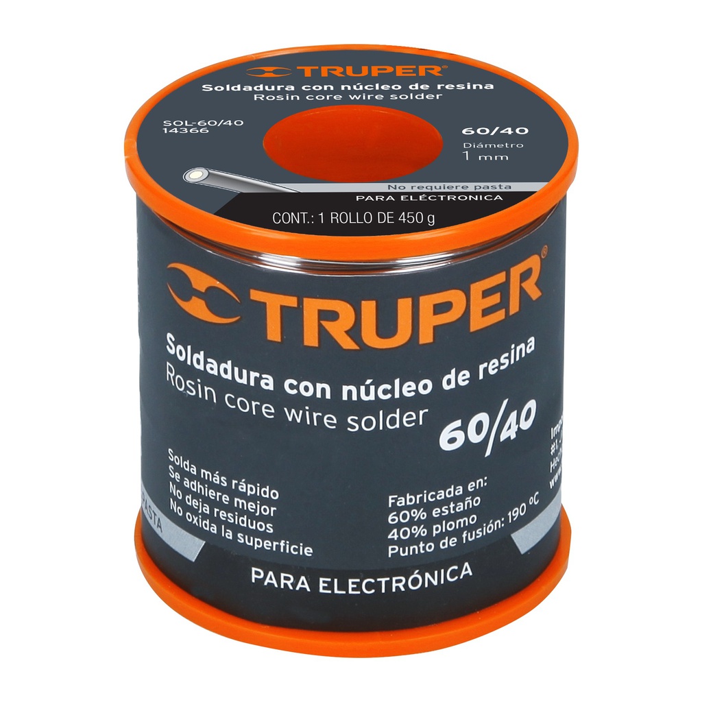 TRU- SOLDADURA CON NÚCLEO RESINA 60/40, PARA ELECTRÓNICA, 450 G