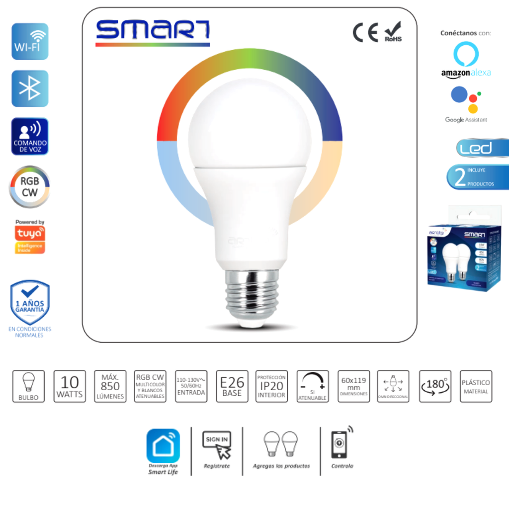 INN- KIT DE 2 LAMPARAS LED SMART E26 10W RGBCW