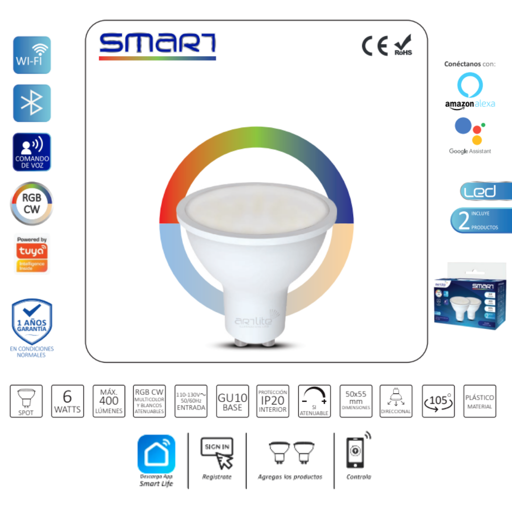 INN- KIT DE 2 LAMPARAS LED SMART GU10 6W RGBCW