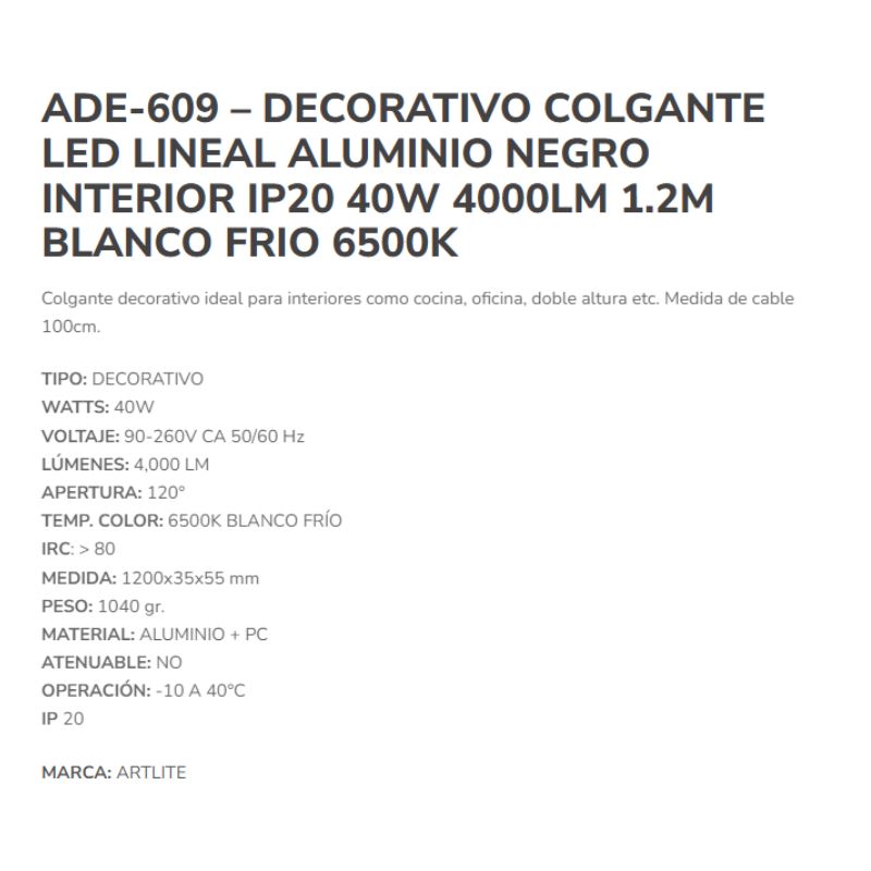 INN- DECORATIVO COLGANTE LED LINEAL 45W 1.2M ALUMINIO NEGRO BLANCO FRÍO