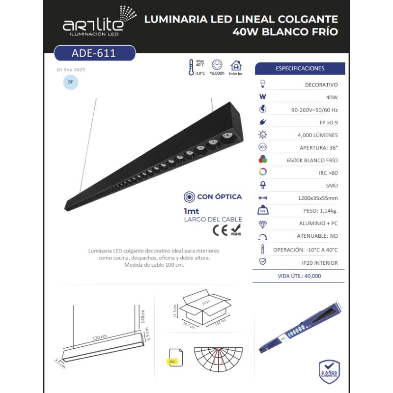 INN- LUMINARIA COLGANTEL OPTICA 40W 1.2M ALUM NEGRO BF