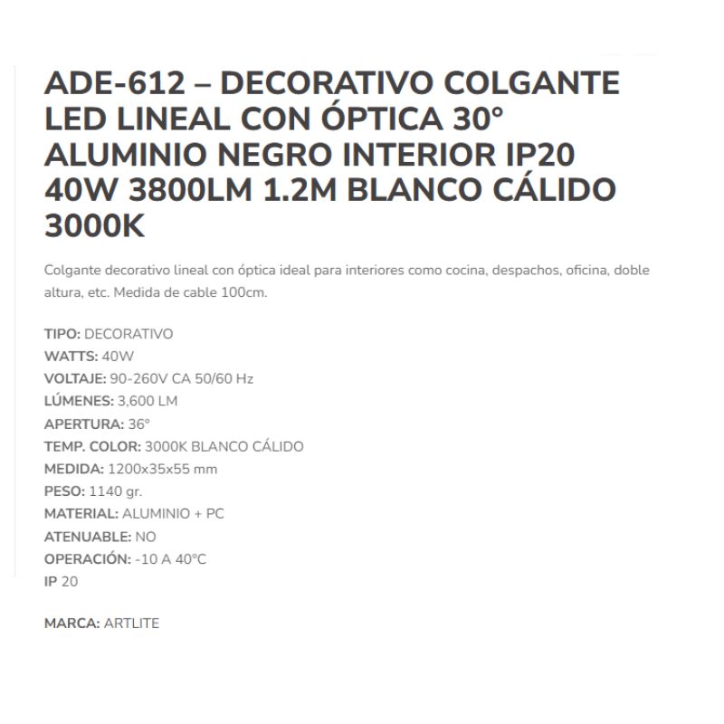 INN- LUMINARIA COLGANTEL OPTICA 40W 1.2M ALUM CALIDO