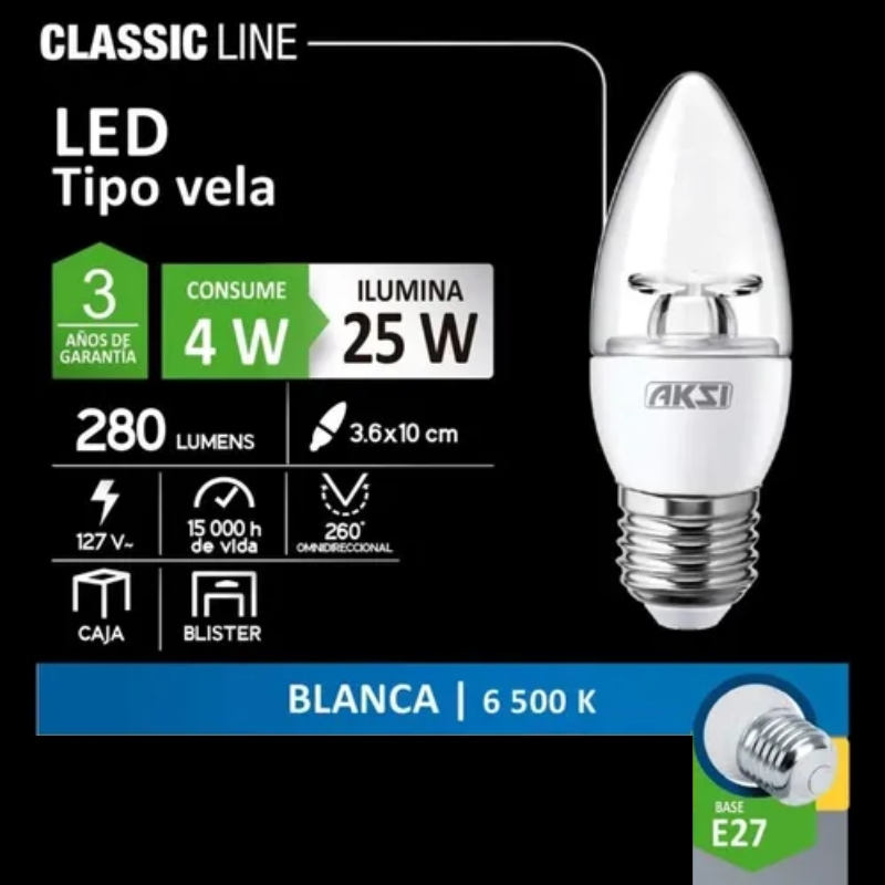 AKS - Foco LED Aksi 4W Vela Base E27 Luz Blanca
