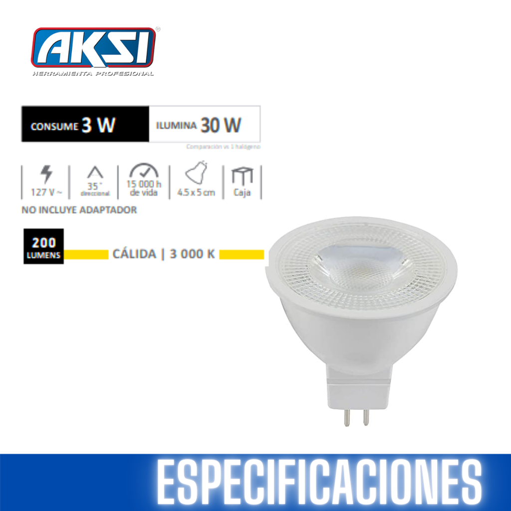 AKS- FOCO LED MR16 3W LUZ CÁLIDA - 127, CAJA COLOR