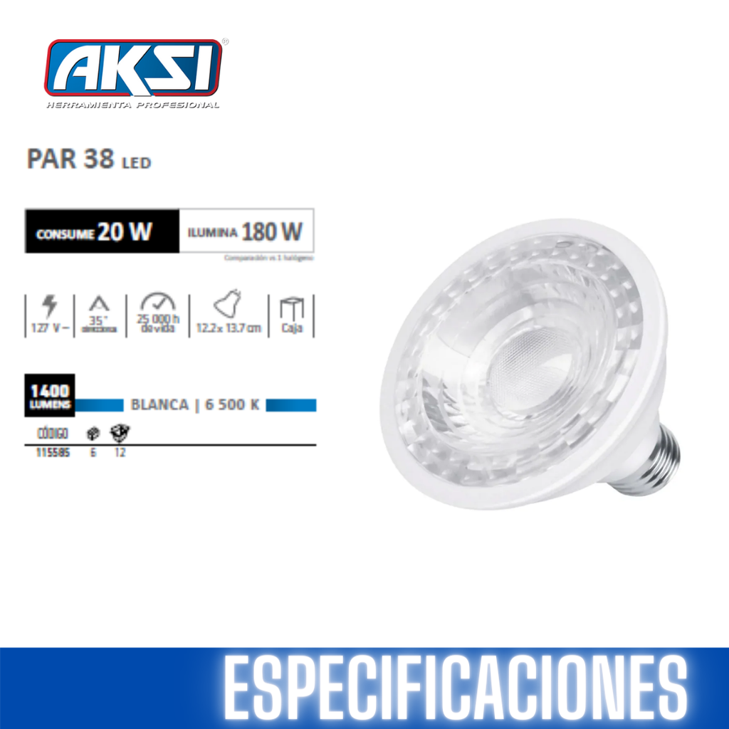 AKS- FOCO LED PAR 38 20W LUZ BLANCA, CAJA COLOR