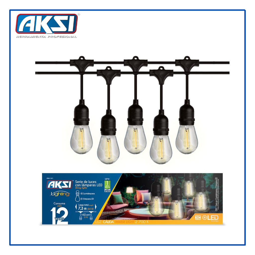 AKS - SERIE DE LUCES CON 12 SOQUETS 7.5m, con 13 FOCOS LED DE 1W