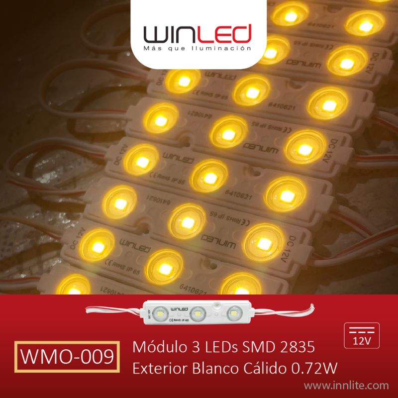 100pz - MÓDULOS DE 3 LEDS SMD 12v EXTERIOR BLANCO CÁLIDO