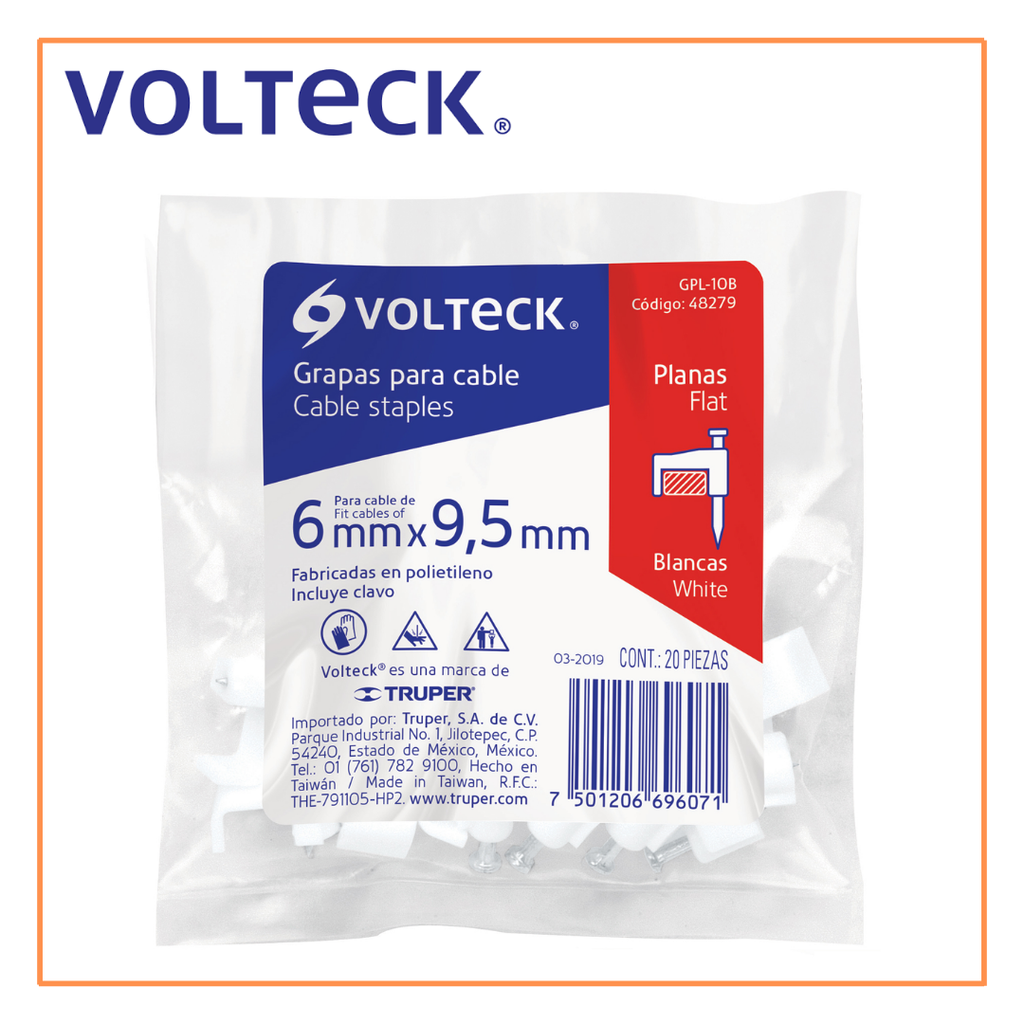 TRU- GRAPA PARA CABLE PLANO 8 MM BLANCA BOLSA 20 PZAS VOLTECK