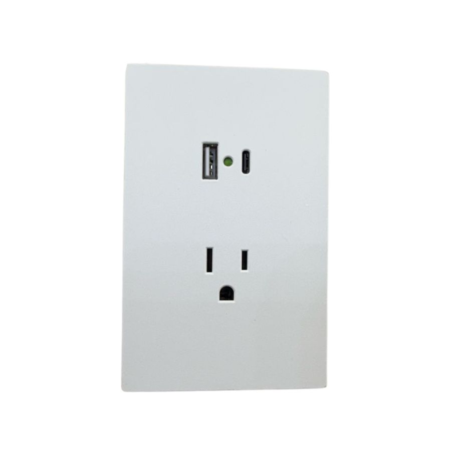 INN - PLACA LUXURY CONTACTO SENCILLO 90-277VCA Y CONVERTIDOR DE VOLTAJE DOBLE USB (TIPO A Y C) COLOR BLANCO